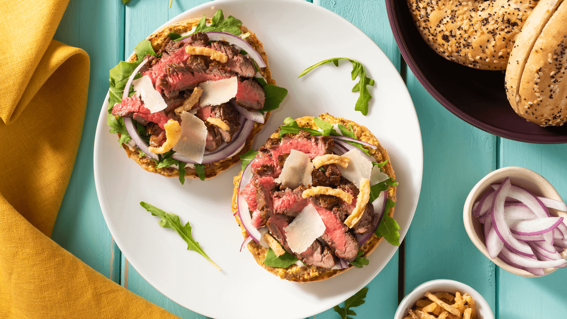 Open-Face Steak Bagel Sandwich with Parmesan Dressing