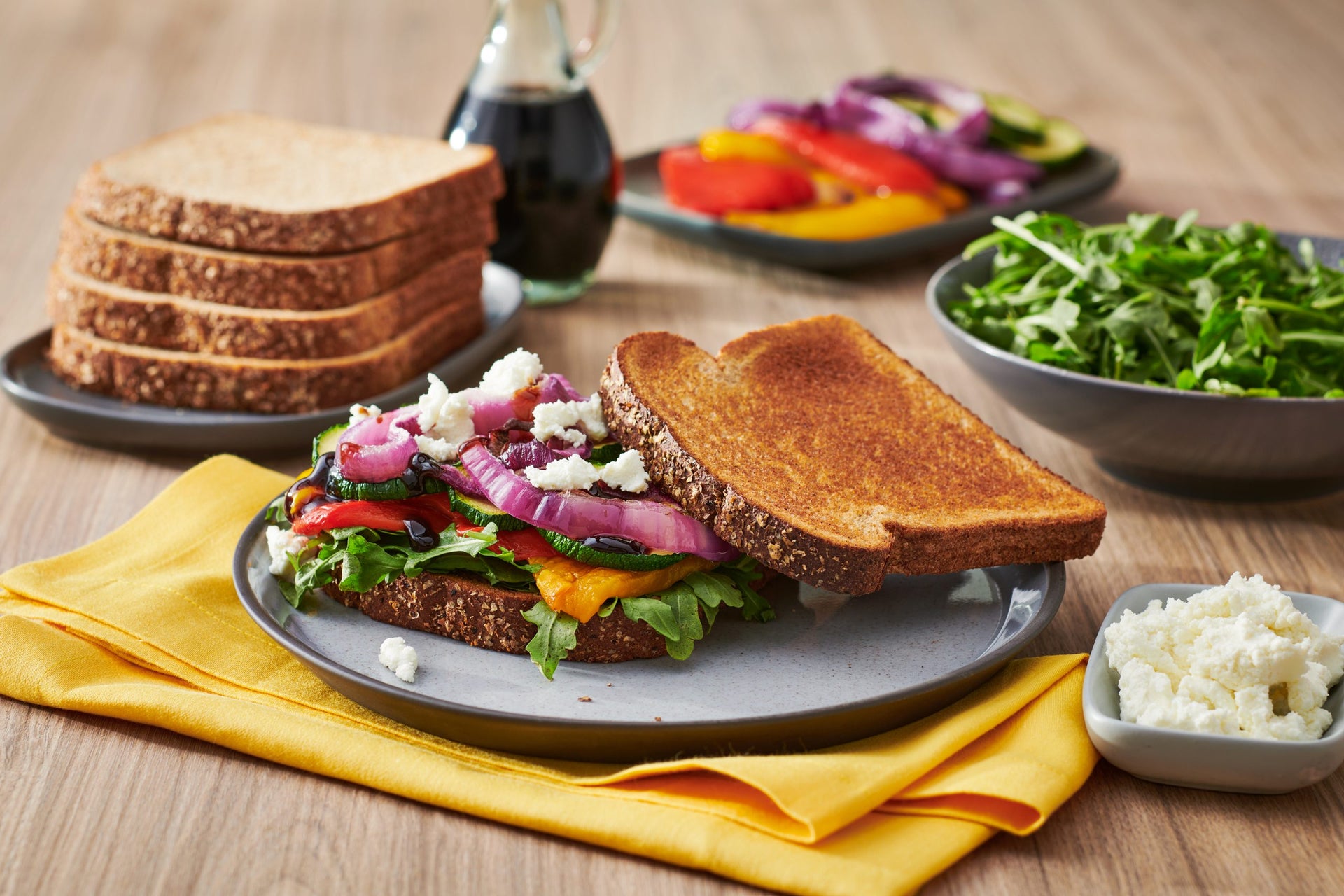 Roasted Vegetable and Goat Cheese Sandwich with Balsamic glaze