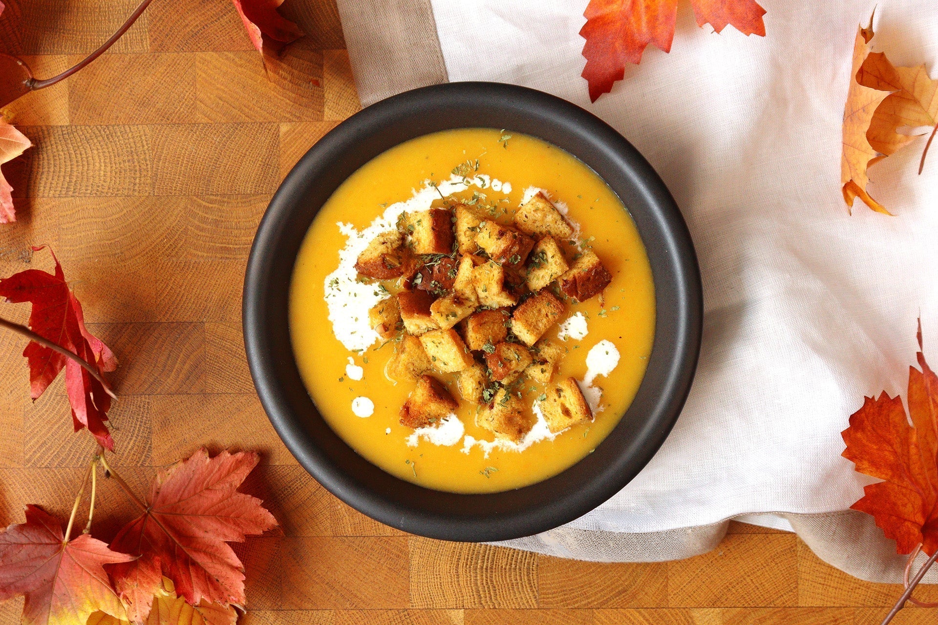 Pumpkin Soup with Pumpkin Spice Croutons